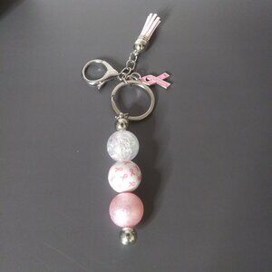 Handmade Breast Cancer Awareness Beaded Keychain with Tassel & Charm